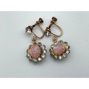 Vintage10K Gold Faux Fire Opal & Rhinestone Dangle Screw Back Earrings